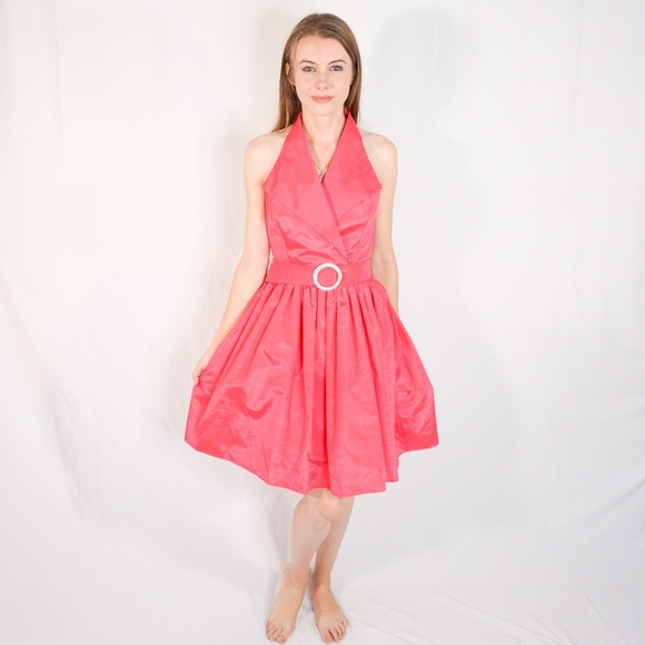 Vintage Dresses & Skirts - VINTAGE 90s Barbie Pink Taffeta Halter Flare Dress